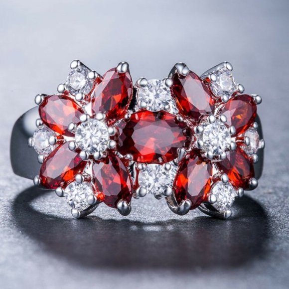 Garnet & White Sapphire Flowers Cocktail Ring - Picture 16 of 16